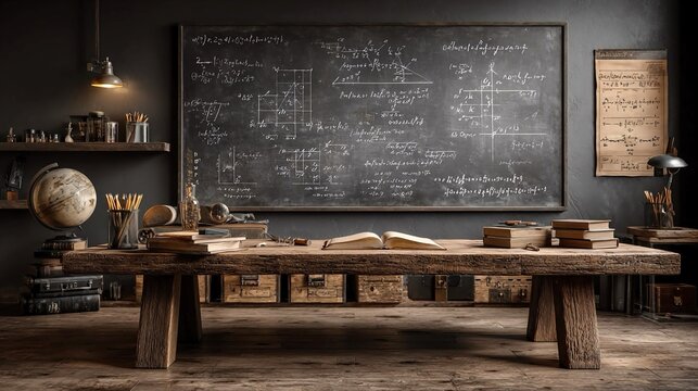 Blackboard with handwritten diagrams, equations, and notes, surrounded by notebooks and pencils, emphasizing educational classroom setup and academic study environment for students