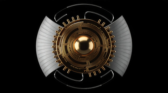 Gold circular motherboard with radial circuitry and metallic accents, futuristic tech component with reflective surfaces and dramatic lighting