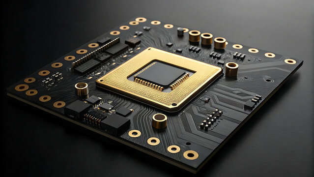 Gold plated central processor black circuit board elegant technology closeup showcasing precision electronic components and reflective metallic