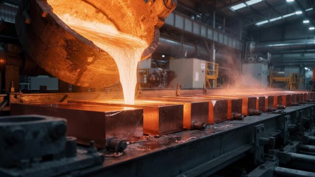 Molten copper is carefully poured into rectangular molds on a casting line with glowing anode plates beginning to take shape under bright industrial lighting.