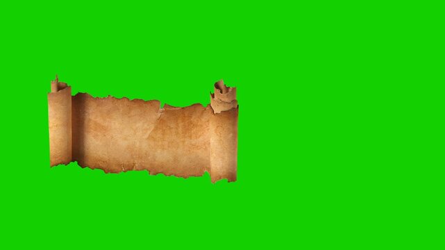 Vintage blank parchment scroll with torn edges on white background. Ancient parchment scroll banner, isolated, green chromakey, luma matte included.