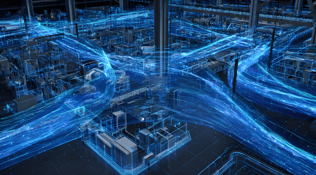 The digital replica of a smart automated factory, illuminated by blue data streams