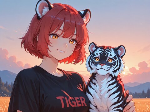 女性　赤髪　ショートヘアー　虎耳　虎の擬人化　微笑み　黒い服　日差し　屋外