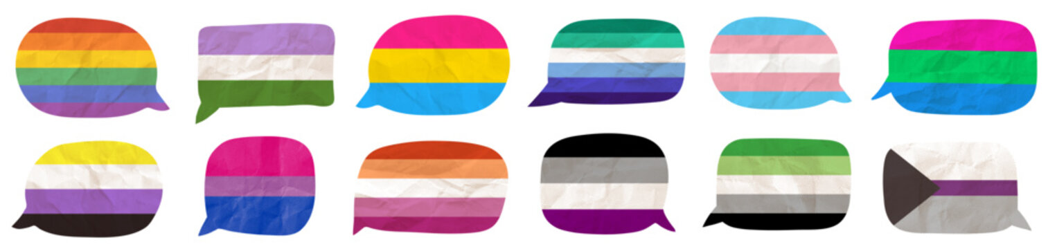 Pride flags speech bubbles vector set, Crumpled paper LGBTQ halftone thought bubbles for posters, banners, events and social media