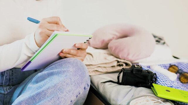Woman writing a packing list in a notebook to prepare for summer vacation travel. Open suitcase with a camera, neck pillow, and clothes on the bed. High quality 4k footage