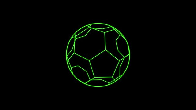 Neon green glowing soccer ball icon animation on black background