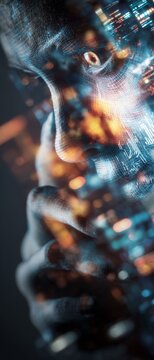 Exposing the invisible: understanding ai-driven fraud. Digital control. The intricacies of facial tech: man with mask in cybernetic patterns. Intelligent screens. Futuristic data.