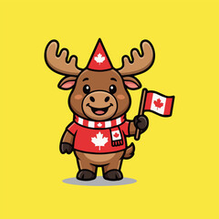Obraz premium Cute Canadian Moose Mascot Wearing Patriotic Apparel Holding a Small Maple Leaf National Flag