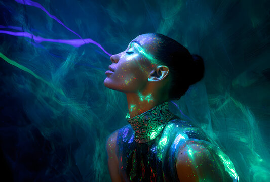 Subject: A woman with glistening skin. Action: Bathed in a striking light, she seems to be in deep contemplation or preoccupied. Setting: A dim, surreal space filled with neon illumination.