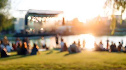 Obraz premium A summer concert backdrop in shades of green with a lake, a sunset, and stage lights, featuring a relaxed crowd, for a lifestyle event design