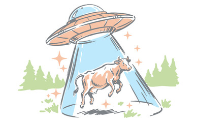 UFO abducting cow illustration. Retro sci-fi flying saucer alien abduction art for t-shirt, poster, and sticker design. Extraterrestrial mystery. © Tri