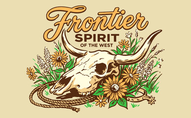 Fototapeta premium Frontier Spirit of the West bull skull with flowers and lasso vintage illustration for t-shirt print, poster, and sticker design.