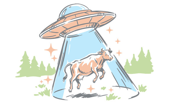 UFO abducting cow illustration. Retro sci-fi flying saucer alien abduction art for t-shirt, poster, and sticker design. Extraterrestrial mystery.