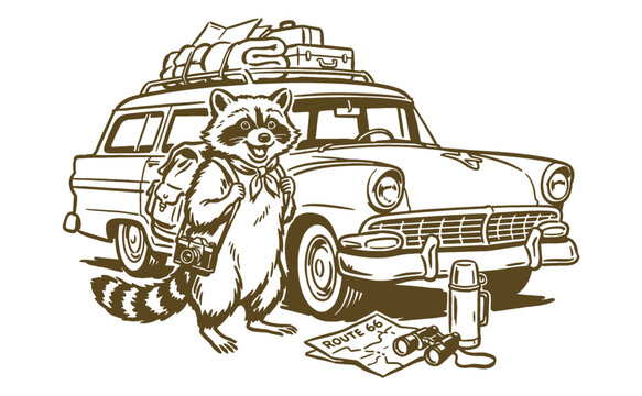 Raccoon traveler with vintage station wagon road trip adventure t-shirt design, Route 66 map, luggage, and camping gear vector illustration