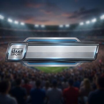 Modern metallic lower third graphic template with copy space on a blurred sports stadium background for television broadcast