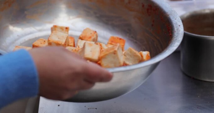 Mold tofu or commonly called hairy tofu sold on the street in China.