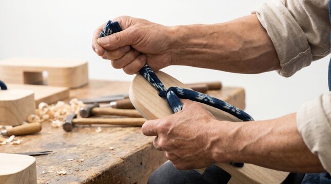 Craftsman pulling a blue tie dye fabric strap through a traditional wooden geta shoe