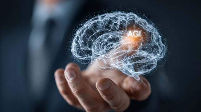 Transformative times with ai: a businessman's perspective. Design template. Unveiling the future of intelligence: holographic agi display in business. Studio shot. Creative poster.