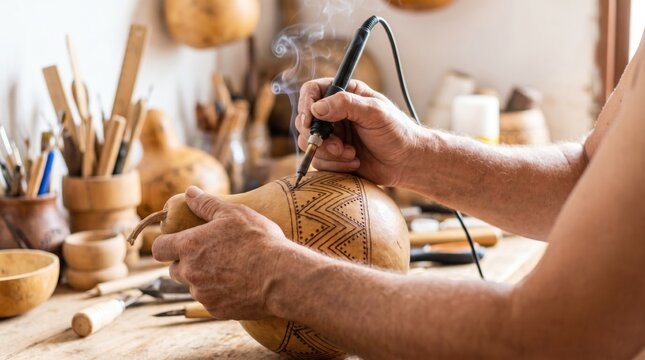 Artisan burning intricate geometric patterns into a dried gourd using a pyrography soldering pen