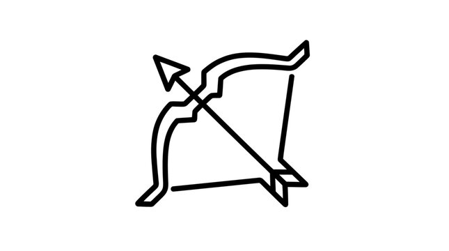 Minimalist black line art icon of a classic hunting bow and arrow set against a clean and solid white background