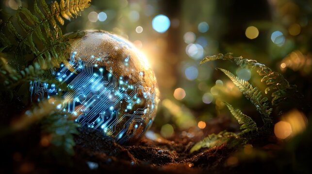 In the heart of the forest, earth rests amidst lush greenery. Artificial intelligence. Slightly tilted crystal globe amongst greenery with gentle sun rays. Human machine. Human computer.