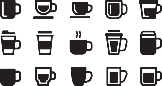 Set of black coffee mug and tea cup icons for cafe and restaurant menu design isolated on transparent background, Vector
