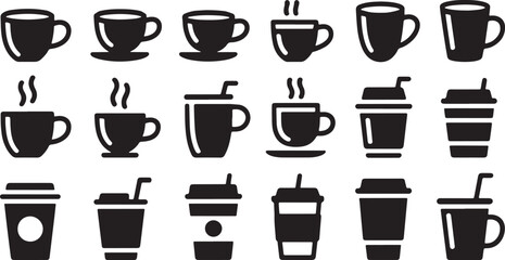 Obraz premium Set of black coffee cup and drink mug icons for cafe menu or restaurant design isolated on transparent background, Vector