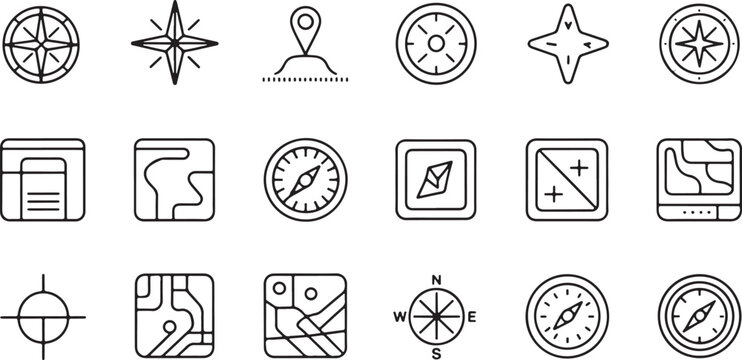 Set of navigation and map icons with compasses and location markers in a simple black outline style isolated on transparent background, Vector