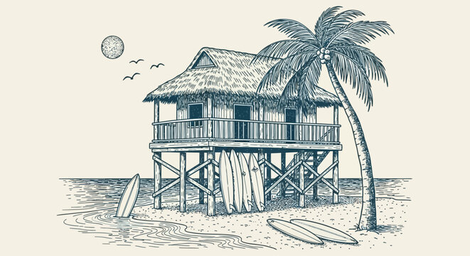 Beach house on stilts with palm tree, surfboards, tropical vacation background