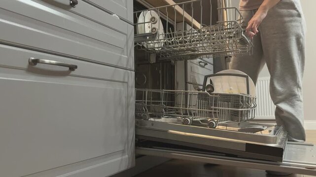 Putting dirty plates into dishwasher before washing cycle Kitchen routine cleaning preparation everyday household activity
