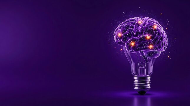 Glowing Human Brain as a Light Bulb Symbolizing a Brilliant Idea or Mental Insight Against a Deep Purple Background