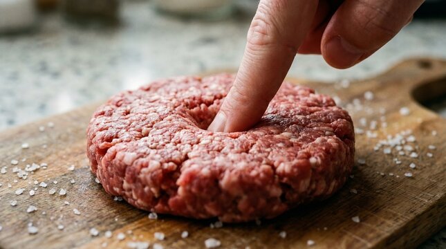 A finger presses into the center of a raw beef burger patty on a wooden cutting board sprinkled with coarse salt, creating a dimple to prevent it from puffing up while grilling