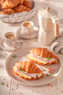 Homemade and golden french croissant made of puff pastry.