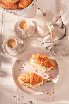 Homemade and golden french croissant made in the kitchen.