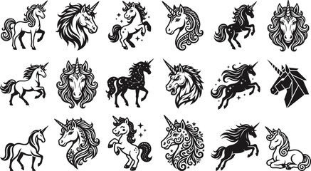 Collection of various unicorn in black and white, featuring different poses, styles, and ornate details for fantasy projects © MD