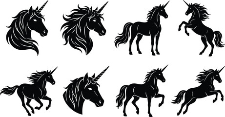 Collection of black unicorn silhouettes in various poses including standing, running, and head portraits isolated on a white background © MD