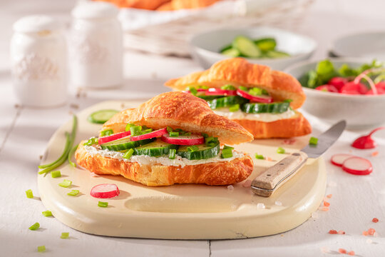 Tasty and homemade french croissant in spring morning.