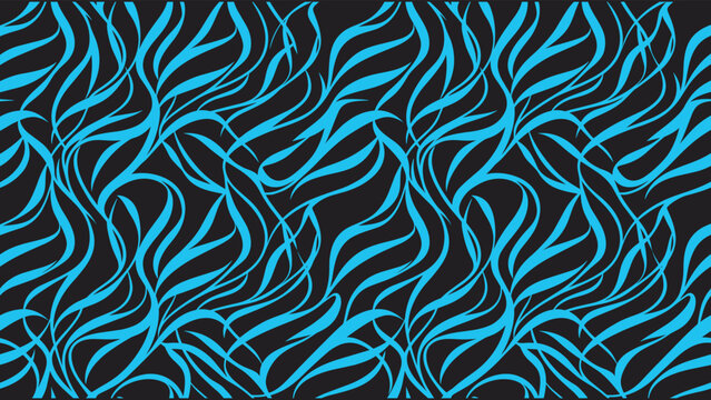 Seamless repeating pattern of flowing blue organic leafy shapes on a dark charcoal background, for textile and surface