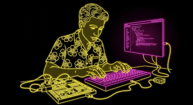 Programmer working on computer with code on screen.