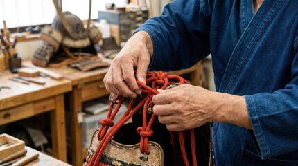 Obraz premium Craftsman tying thick red decorative knots on traditional samurai armor