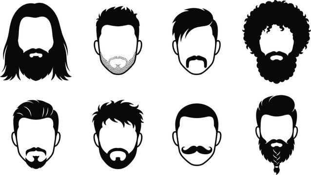 Set of men hairstyles and beard styles silhouettes featuring various cuts and facial hair types on a white background