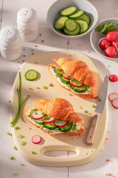 Golden and fresh french croissant for vegetarian breakfast.