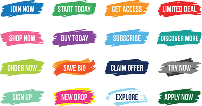 Collection of colorful brush stroke buttons with marketing text for website ui and call to action banners isolated on a white background
