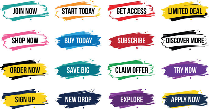 Set of colorful paint brush stroke buttons with marketing text and decorative ink splatters for website ui isolated on a white background