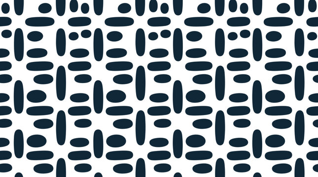 Minimalist seamless pattern with dark blue rounded rectangular shapes arranged in a grid on a white background, for textile