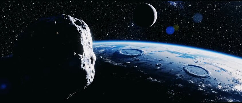 Surreal cosmic scene with asteroid approaching Earth and distant celestial bodies in deep space