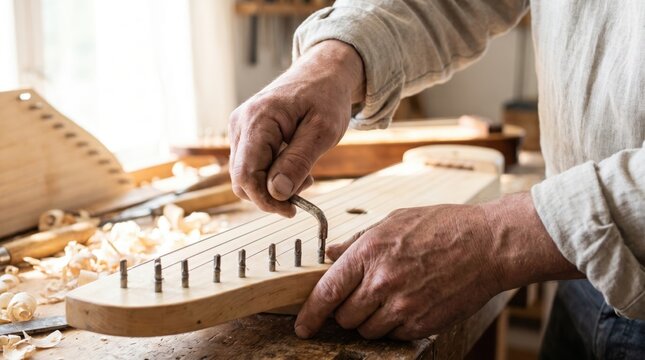 Luthier using a wrench to tighten metal tuning pegs on a wooden kantele