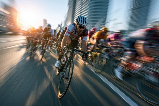 Cyclist racing in city street with motion blur during competition