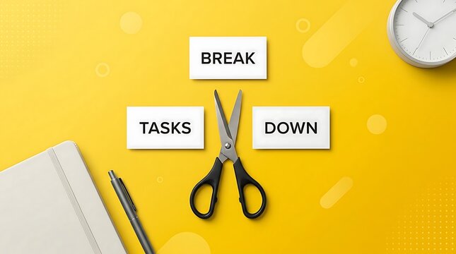 Scissors cutting a white paper with text 'BREAK TASKS DOWN' signifying task management, efficiency, and breaking down work into manageable steps on a bright yellow background.