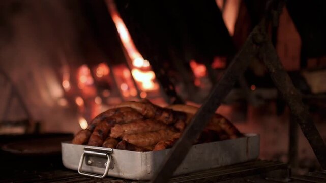 Delicious sausages cooking in an aluminum tray over a large, hot grill. The intense heat from the open fire in the background roasts the meat